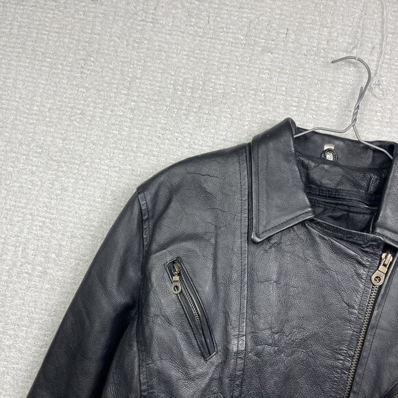 Bullmaster Leather Motorcycle Belted Biker Jacket Café Racer Black Women Sz M - Picture 2 of 16